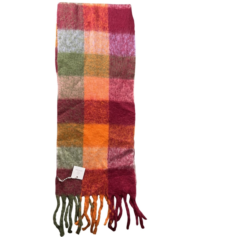 Styliné Plaid Blanket Scarf Womens OS Multicolor Fuzzy Tassel Fringe MS0310